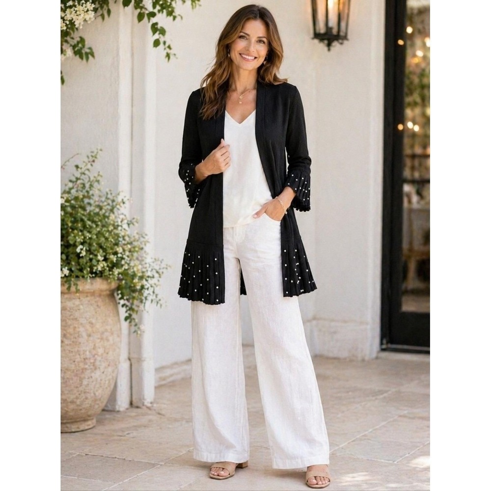 Chico's Black Pearl Trim Open‎ Cardigan Sweater Size 0 Small Elegant